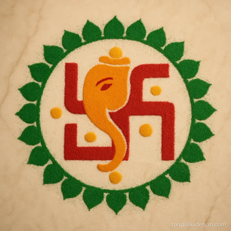 Ganesh ji rangoli design where the trunk forms part of a swastik