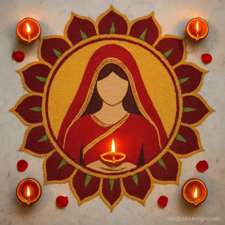 Woman rangoli design of a bride with a red veil holding a diya inside a mandala