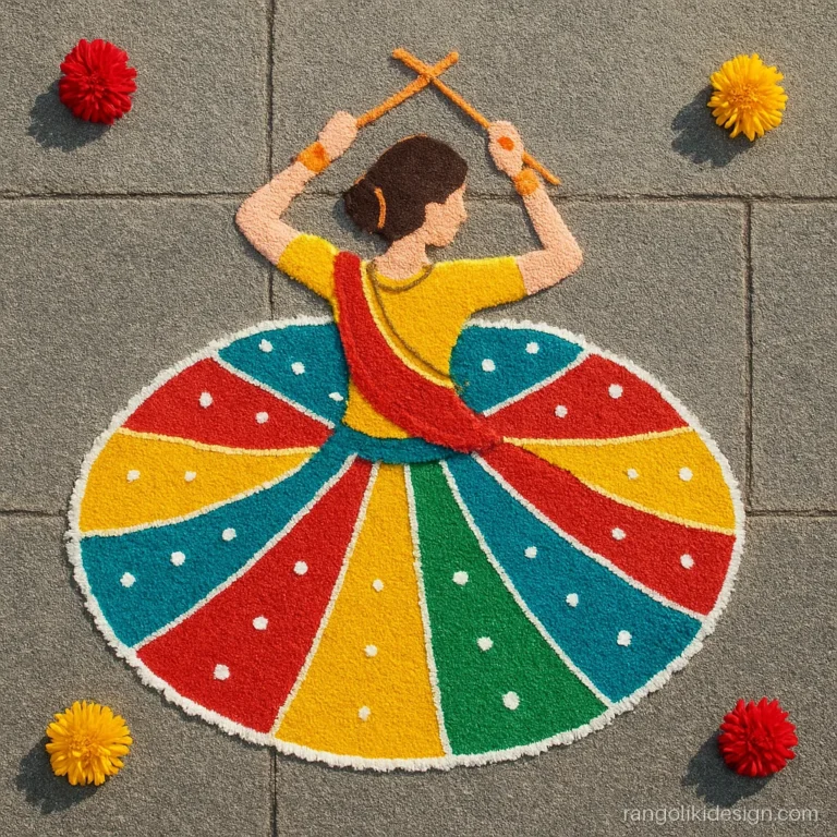 Dancing girl rangoli design of a garba girl with dandiya sticks and a swirling skirt