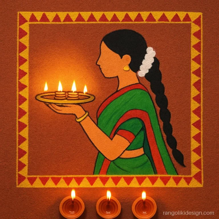 Traditional girl rangoli design for Diwali with a girl in a nauvari sari holding a diya thali