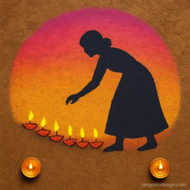 Diwali girl rangoli of a girl silhouette lighting a row of diyas at sunset