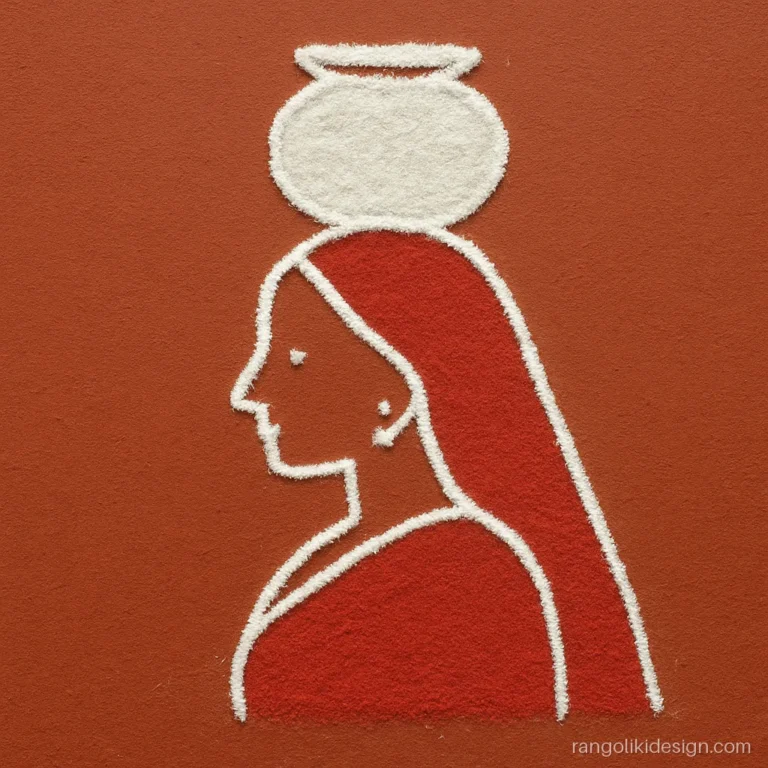 Easy rangoli of lady carrying a kalash on her head in white outline