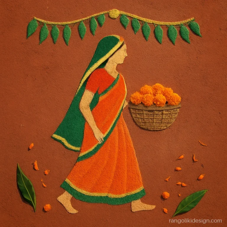 Lady rangoli design for Diwali with a woman carrying a marigold basket under a toran