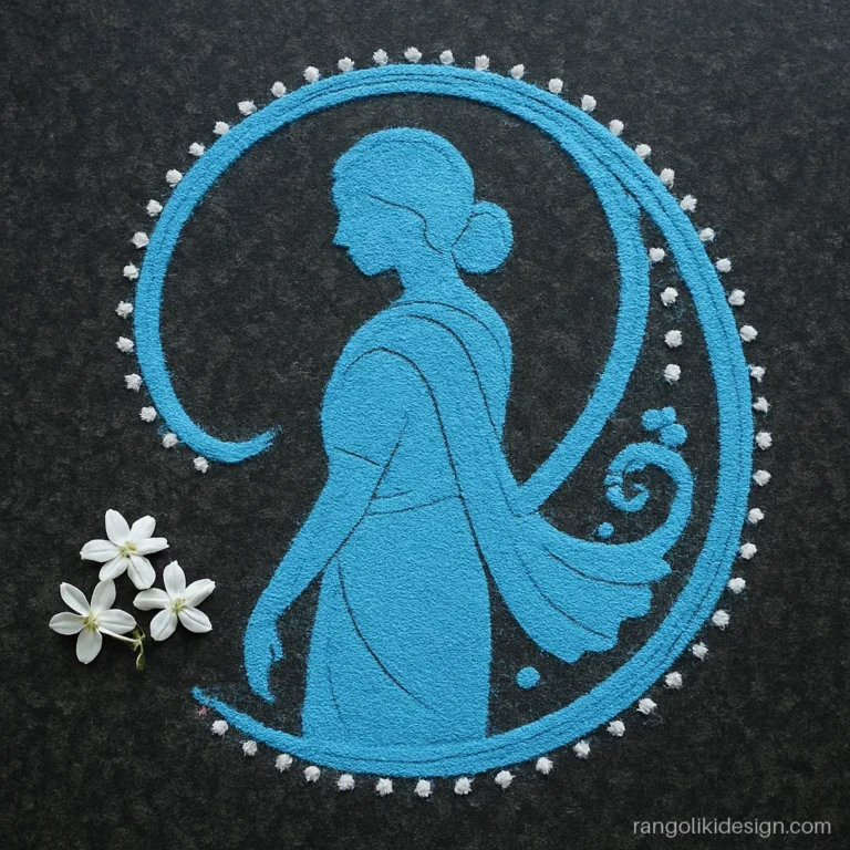 Simple lady rangoli designs in a single blue colour with a flowing sari pallu