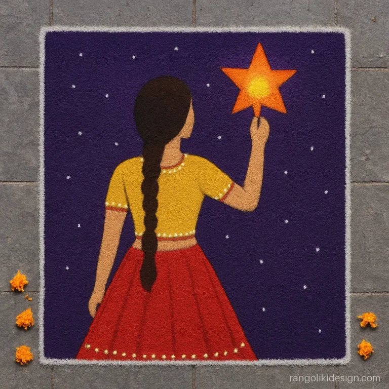 Girl rangoli design for Diwali with a girl from behind hanging a paper lantern