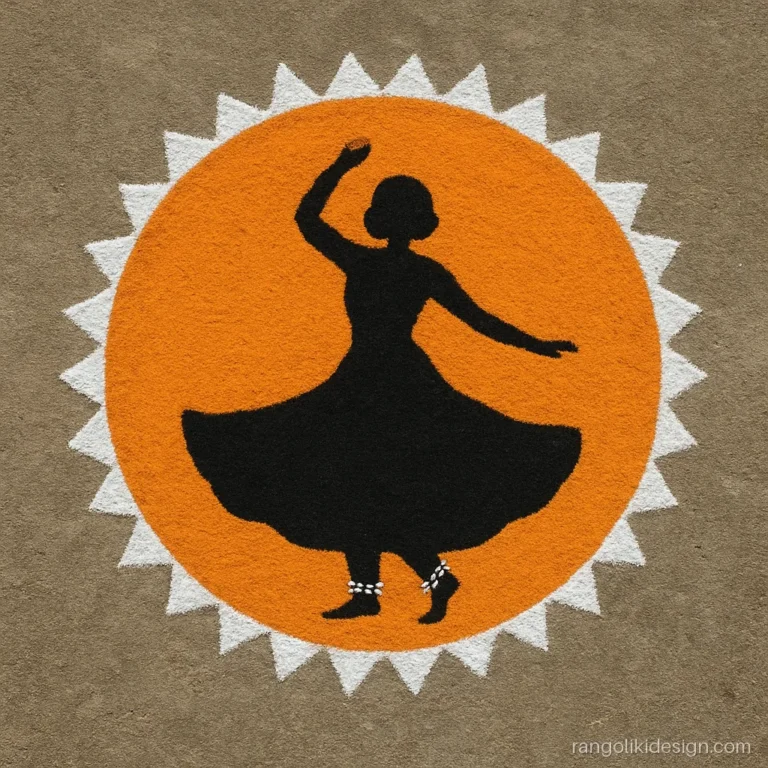 Modern art dancing girl rangoli with a black kathak silhouette and orange circle