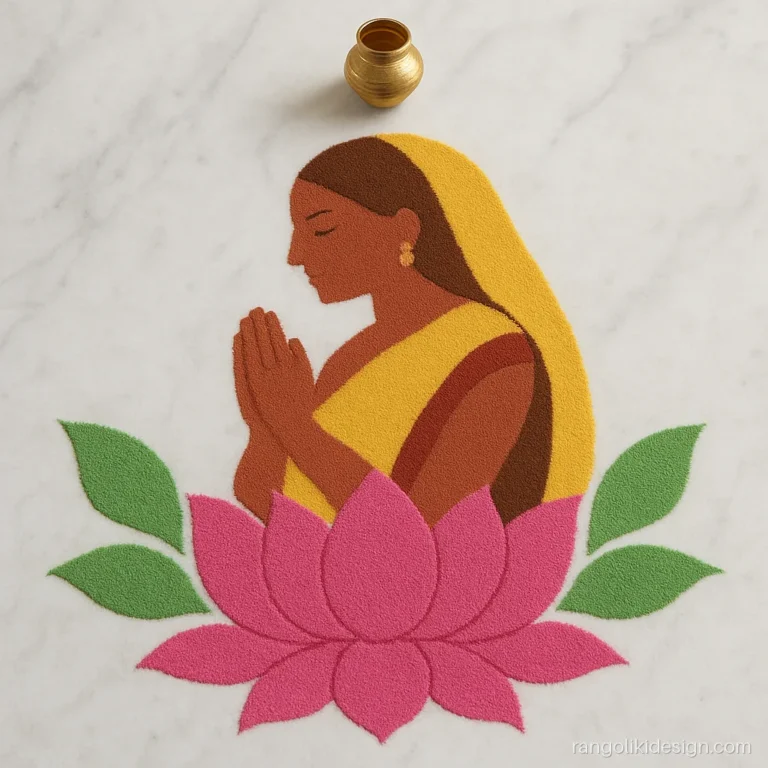 Indian woman namaste rangoli design in profile above a pink lotus