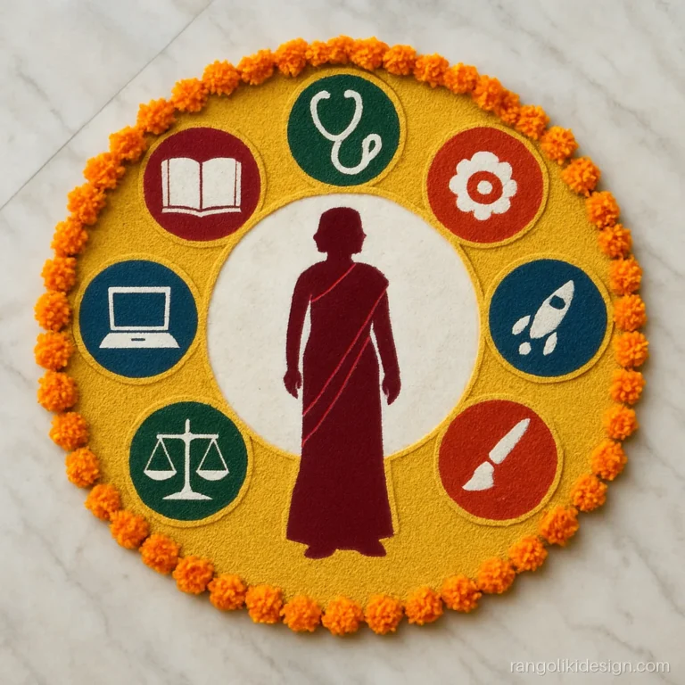 Nari shakti rangoli of a woman silhouette ringed by eight symbols of strength