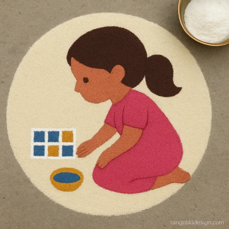Simple girl rangoli designs for Diwali showing a girl making a dot rangoli