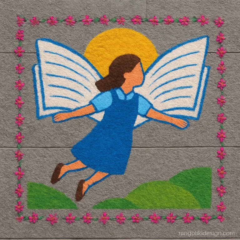 1st prize save girl child rangoli of a girl with book wings flying