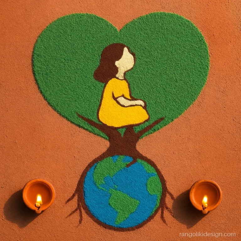 Save girl child rangoli with a girl inside a tree whose roots hold the earth