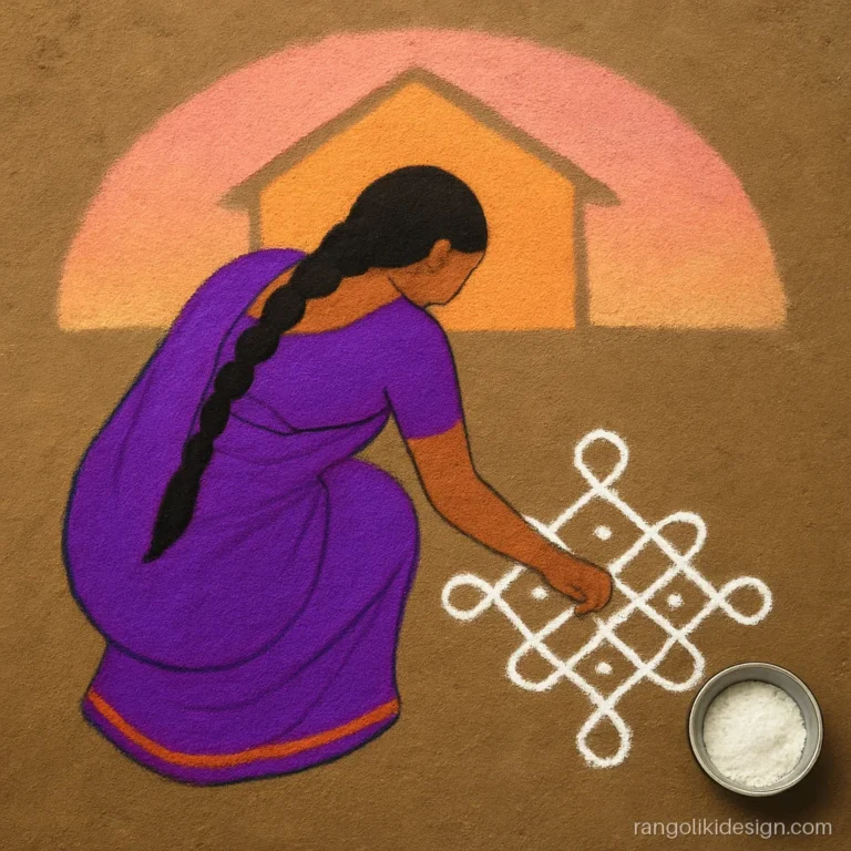 Ladies rangoli of a woman drawing a kolam at dawn, seen from behind