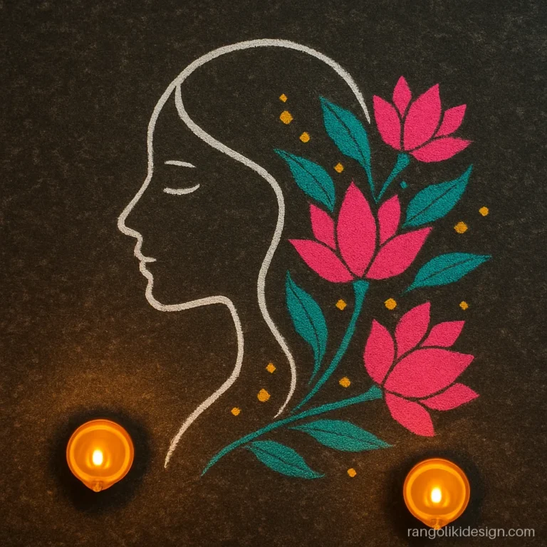 Woman face rangoli in modern art style with lotus flowers in her hair