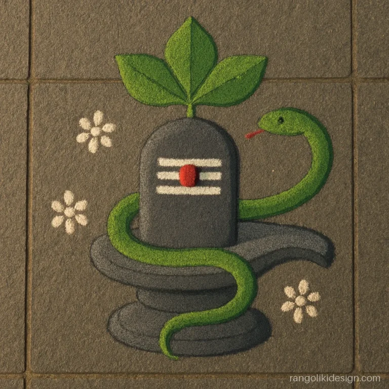 Easy shivling rangoli with bel leaves, a snake coil and a small water pot
