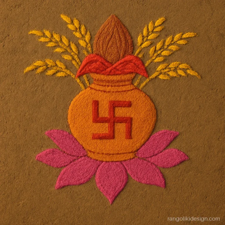Gauri puja rangoli designs with kalash, coconut and paddy stalks