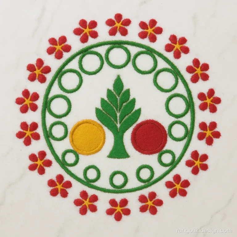Gauri pujan rangoli design with haldi kumkum bowls, green bangles and leaves