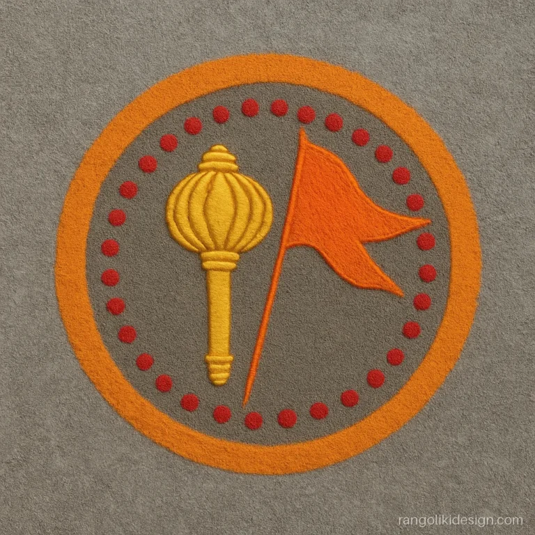 Hanuman rangoli design with a golden gada mace and saffron flag