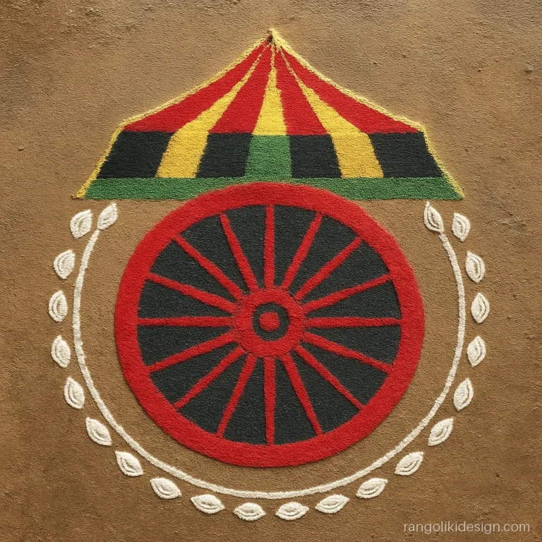 Jagannath rangoli designs with a big rath wheel and red and yellow canopy