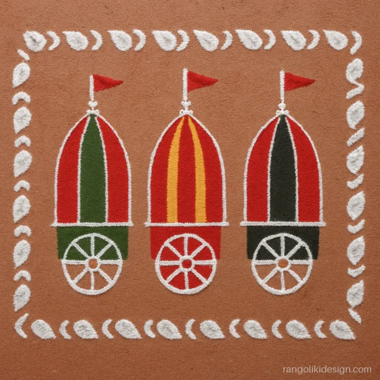 Jagannath Balabhadra Subhadra rangoli with three chariot canopies in their colours