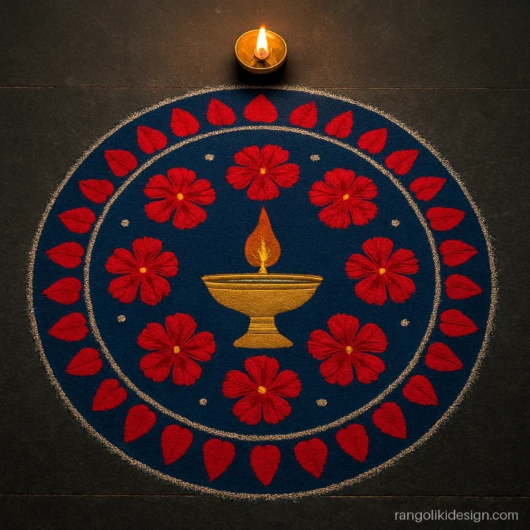 Kali mata rangoli design with a lamp and red hibiscus on a dark blue ground