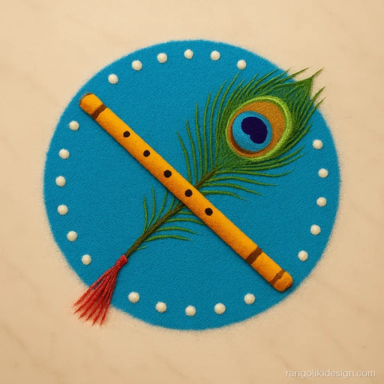 Krishna rangoli design with a golden flute and peacock feather on a blue ring