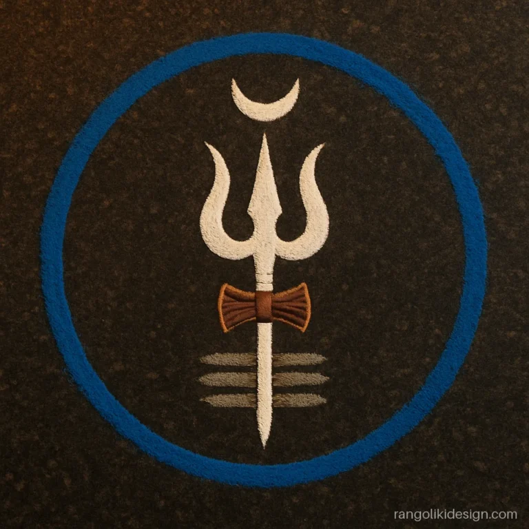 Mahadev rangoli design with trishul, damru and crescent moon on dark granite