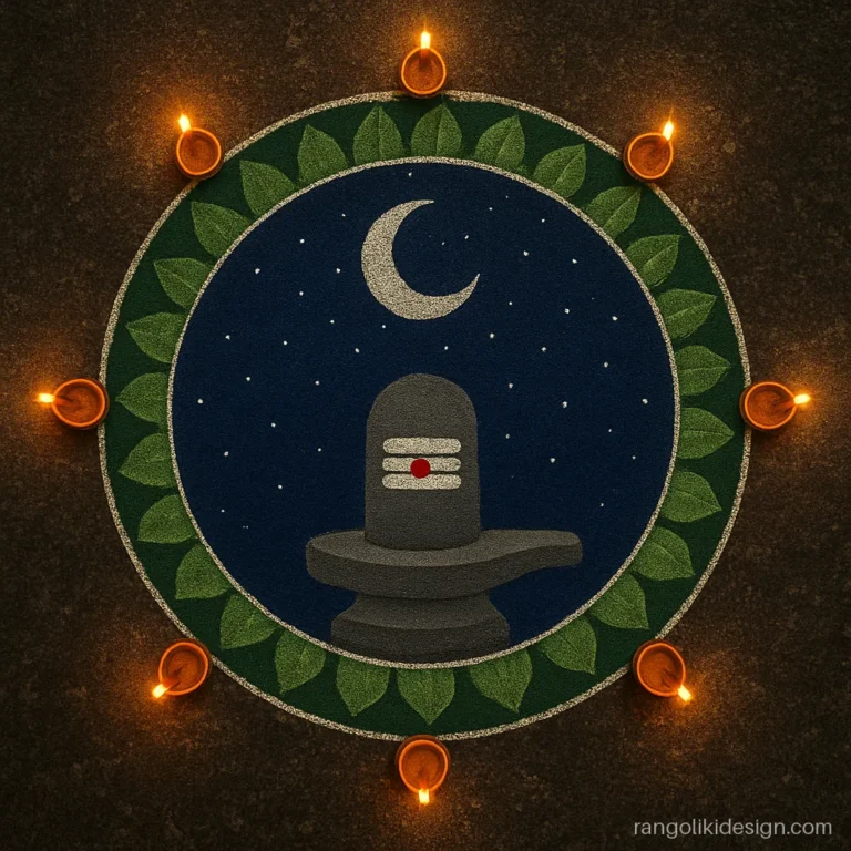 Mahashivratri rangoli of a shivling under a night sky with crescent moon and stars