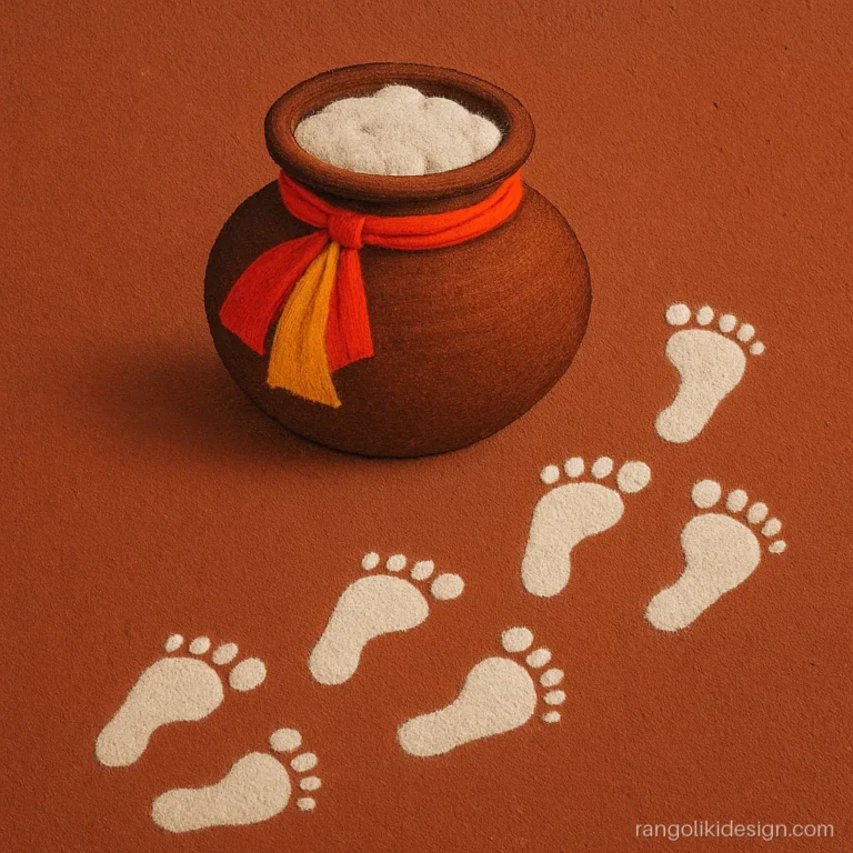 Krishna rangoli of a makhan matki pot with butter and baby footprints