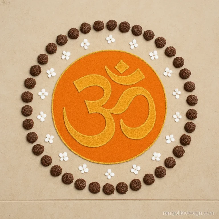 Modern Om rangoli design with a rudraksha mala ring in brown and saffron