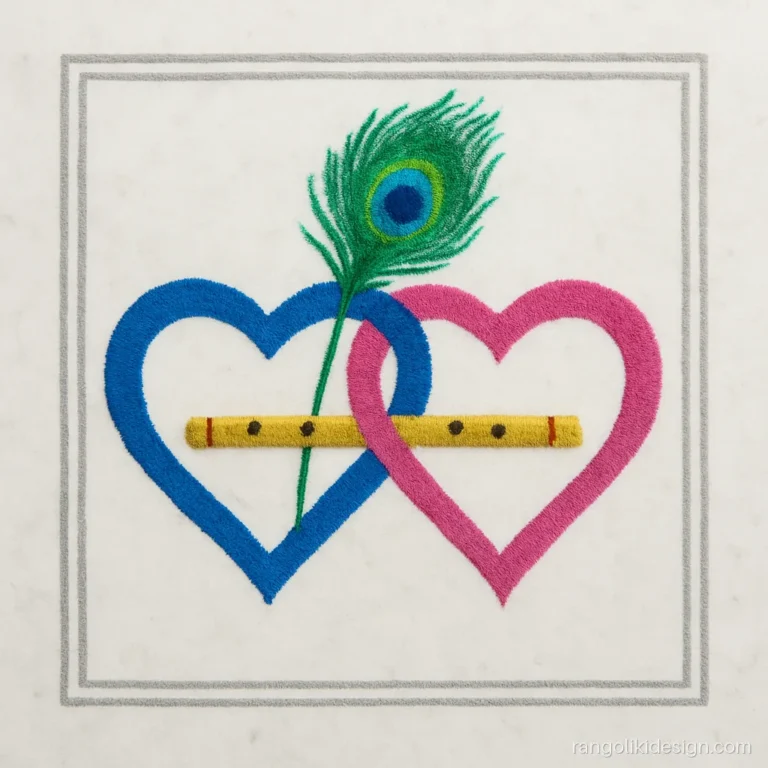 Modern Radha Krishna rangoli with a geometric flute, feather and two hearts in blue and pink