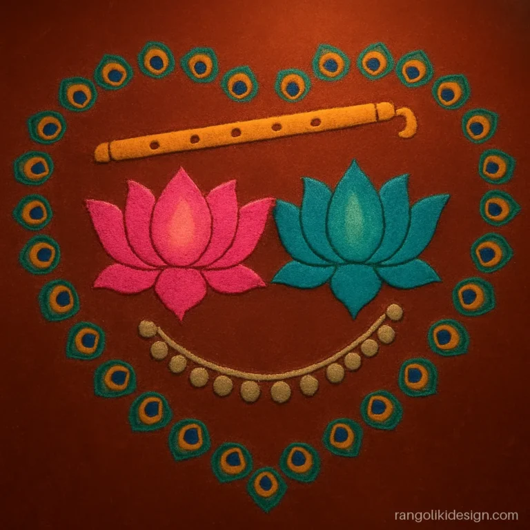 Radha Krishna rangoli designs with twin lotuses joined by a flute and anklet
