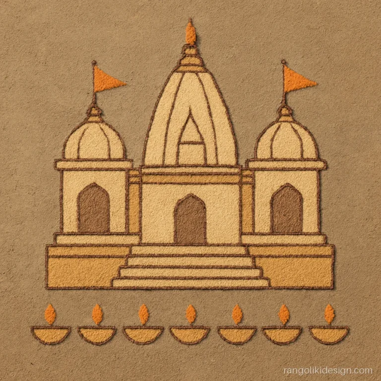 Easy Ram Mandir rangoli with a temple shikhara outline, saffron flags and diyas