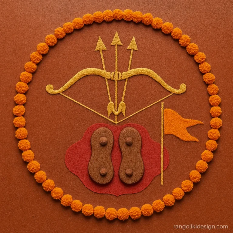 Ram Navami rangoli design with a bow, arrows and wooden paduka sandals