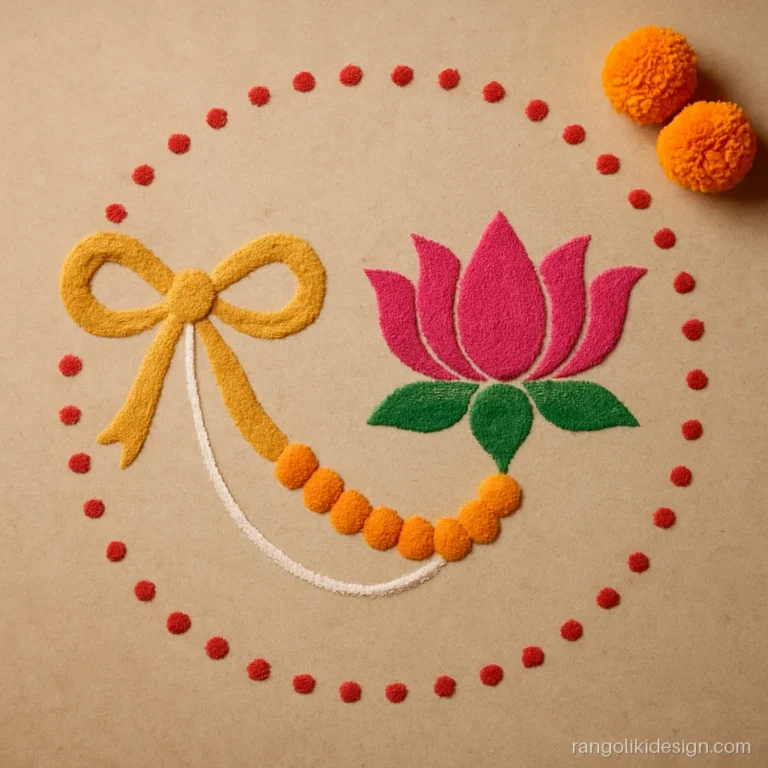 Ram Sita rangoli with a golden bow and a pink lotus joined by a garland