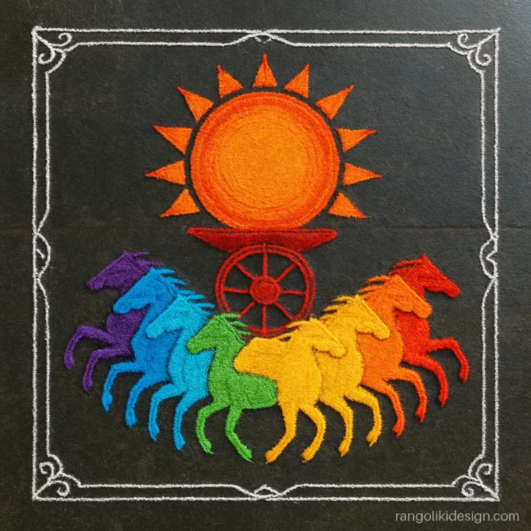 Ratha Saptami rangoli design with a sun chariot drawn by seven horse arcs