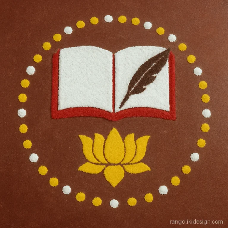 Simple rangoli designs for Saraswati puja with an open book, pen and lotus