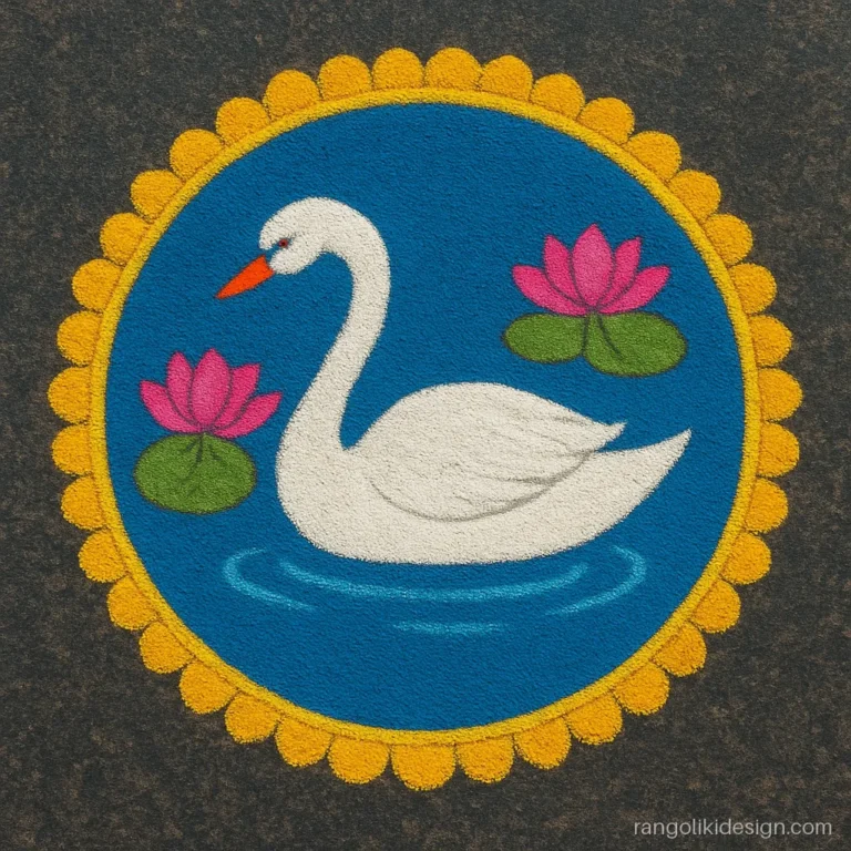 Saraswati puja rangoli design with a white swan on a lotus pond