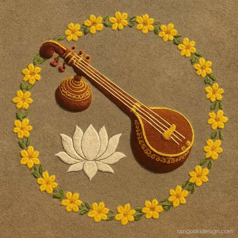 Saraswati puja competition veena rangoli designs with a detailed veena and lotus