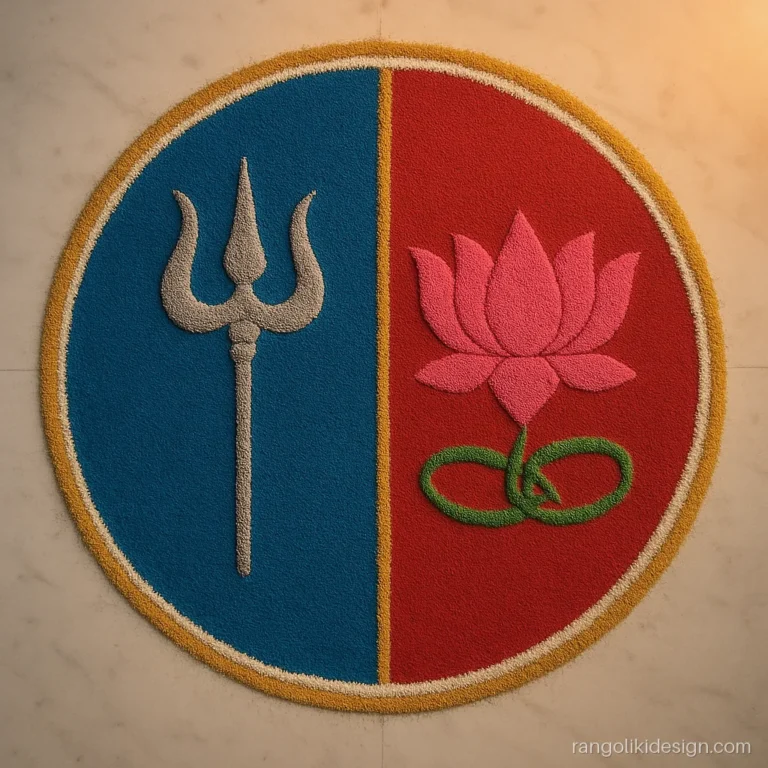 Shiv Parvati rangoli design with trishul and lotus joined in one circle