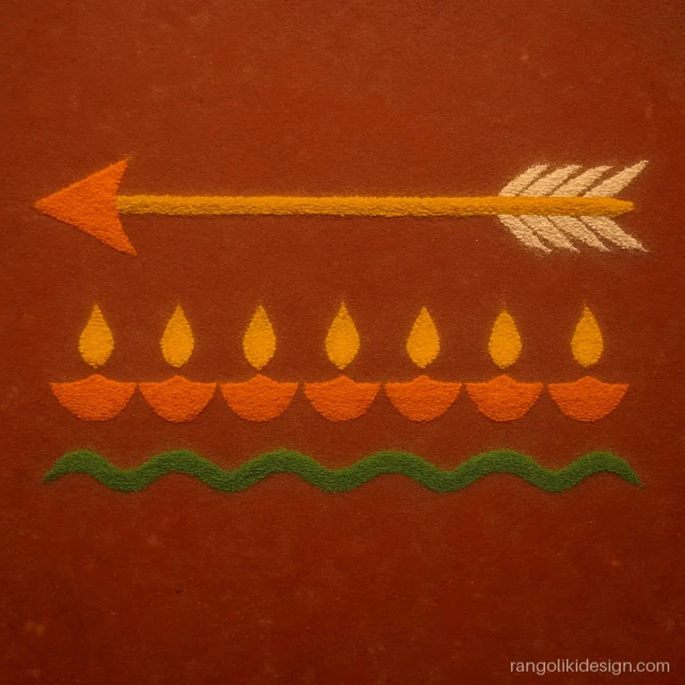 Simple Ram rangoli with a single arrow over a row of Ayodhya diyas