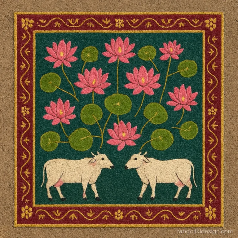 God rangoli design in Pichwai style with lotus pond and cows for Shreenathji