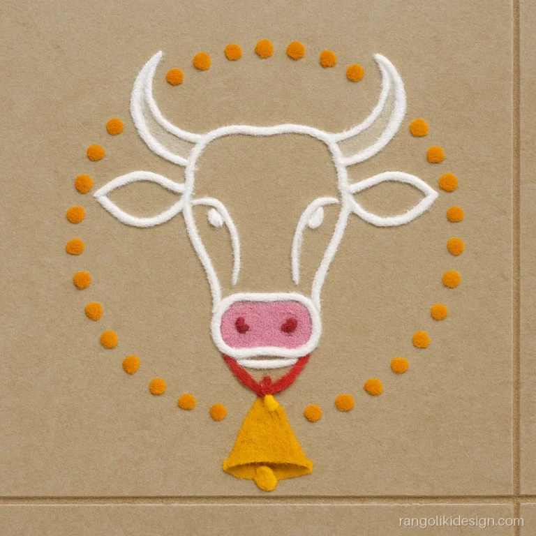Simple cow rangoli design with a cow head outline, bell and dot border