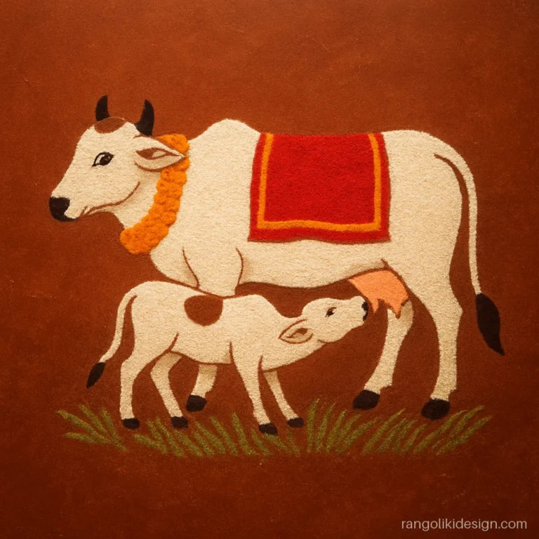 Best cow rangoli design of a cow and calf for Vasubaras with marigold garland