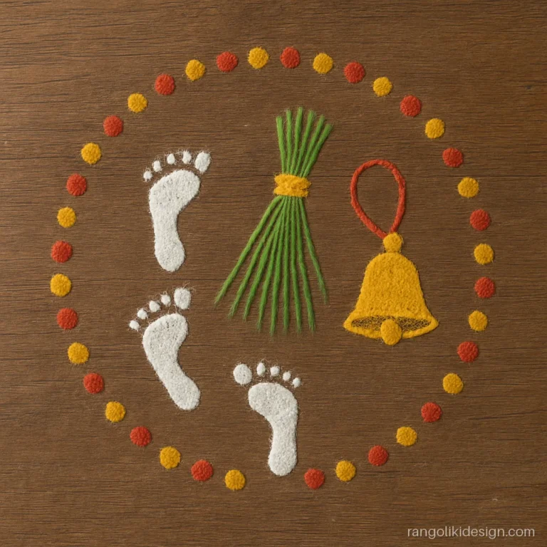 Vasubaras special rangoli with cow hoofprints, a grass bundle and a brass bell