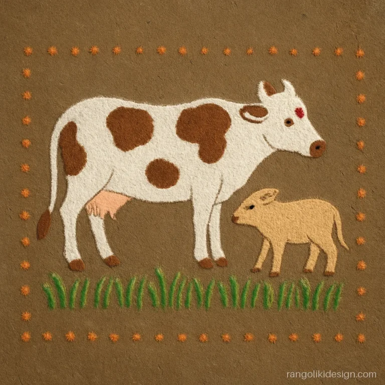 Vasubaras rangoli simple design of a cow and calf outline on a dot grid