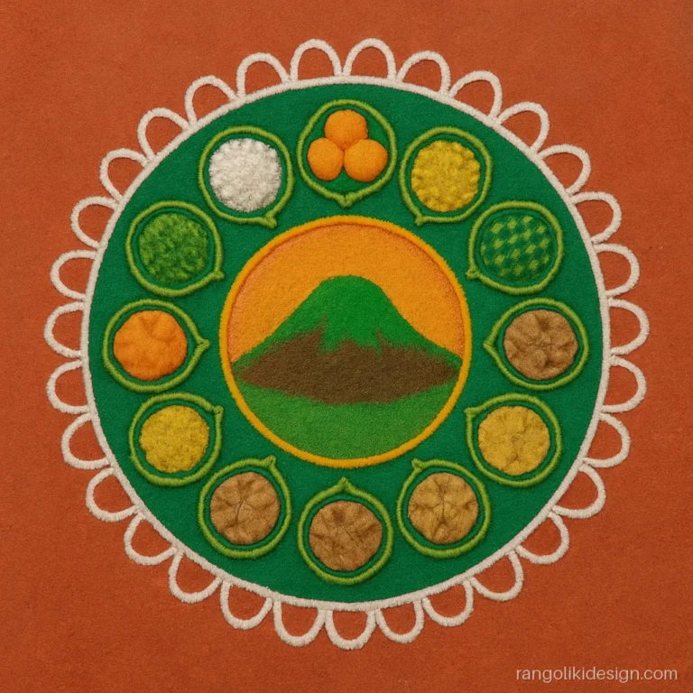 Govardhan puja rangoli design with a green hill ringed by small food bowls