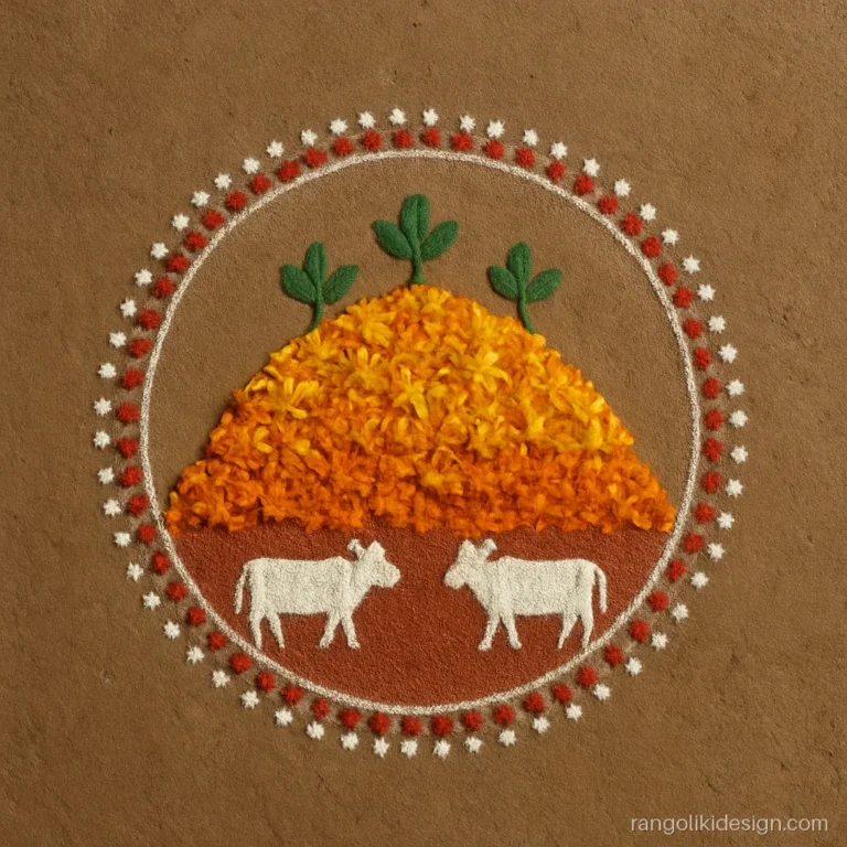 Govardhan parvat rangoli made of marigold petals with small powder cows