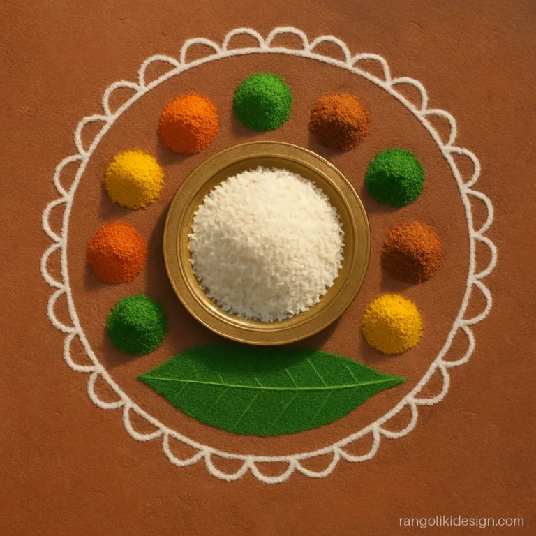 Rangoli designs for Govardhan puja with an annakut plate of many dishes
