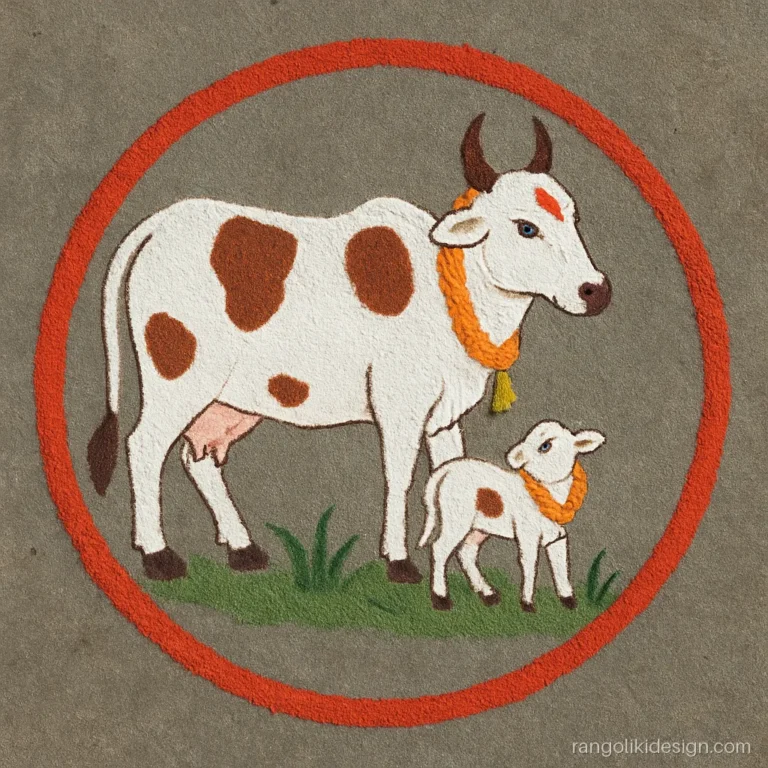 Cow govardhan puja rangoli with a white cow and calf wearing bells and garlands