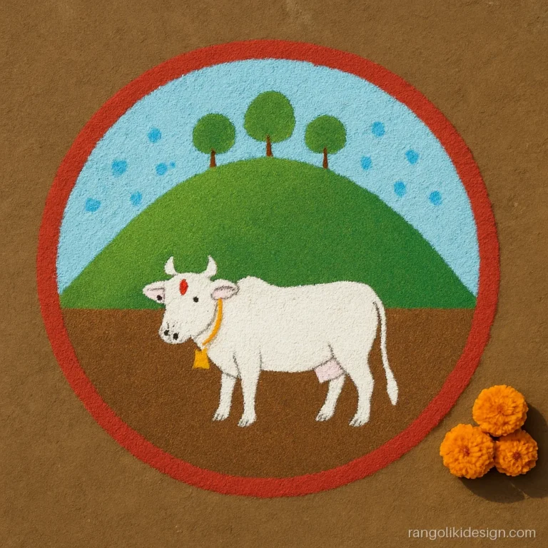 Govardhan puja rangoli design of a green hill with a white cow and trees